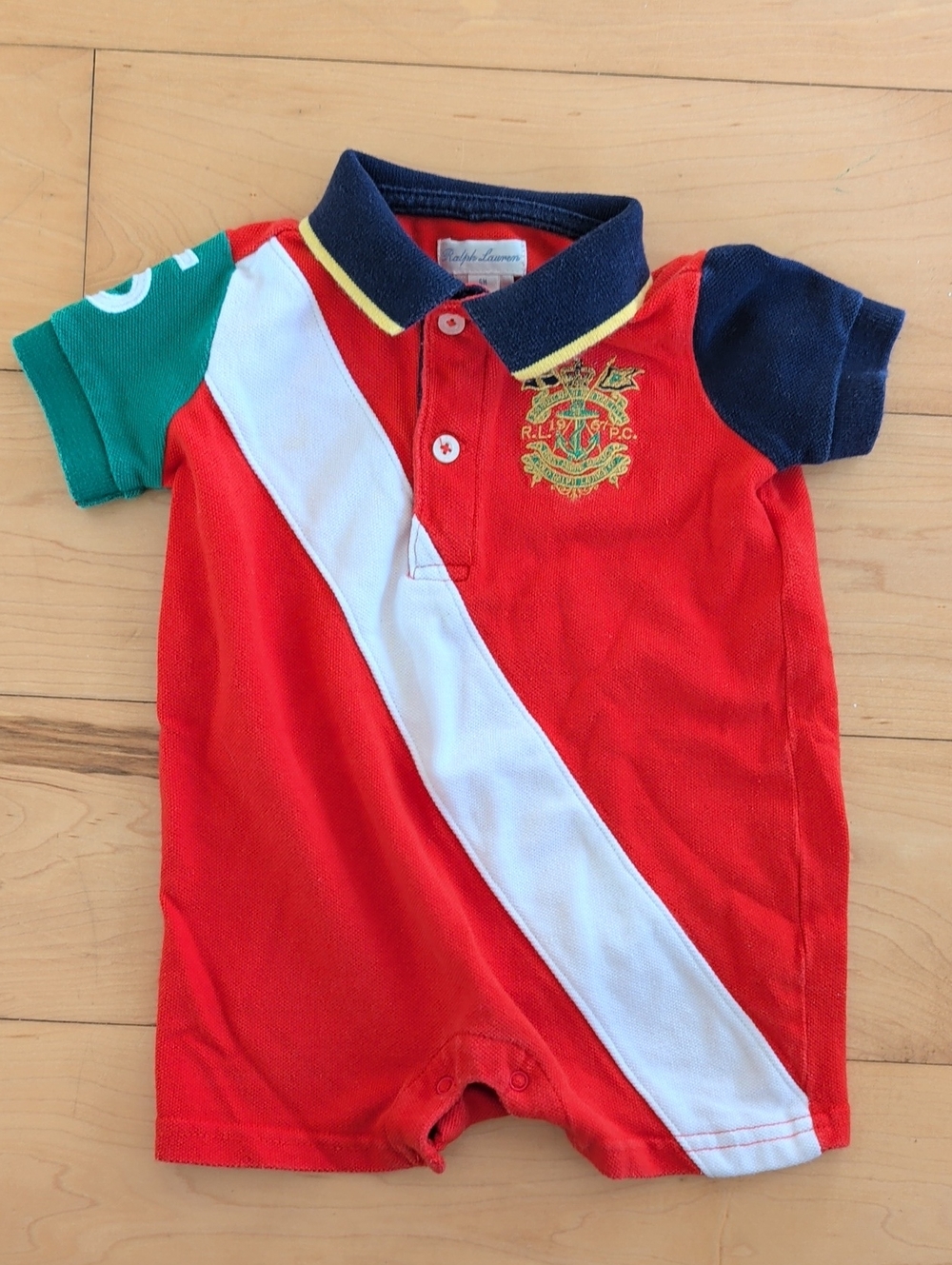 Ralph Lauren Red Polo One-Piece with White Sash and Colorblock Sleeves